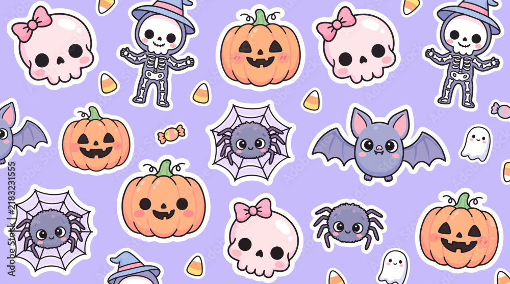 Fototapeta premium Cute Kawaii Halloween Pattern with Spooky Pumpkins Skulls and Friendly Bats for Festive Seasonal Backgrounds