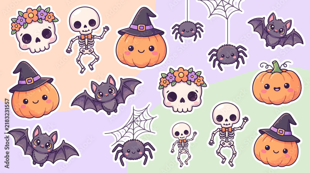 Fototapeta premium Cute Kawaii Halloween Character Sticker Set Featuring Adorable Pumpkins Skulls Bats and Spiders for Seasonal Holiday Decorations
