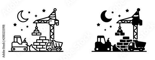Construction Site Icons: Crane, Bulldozer, Truck, Bricks, Moon, Stars. Nighttime Industry & Building Graphics.