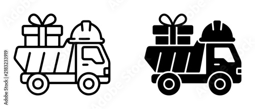 Construction Truck Delivering Gifts, Hard Hat Icon, Gift Box Vector Art, Delivery Service Concept, Holiday Transport