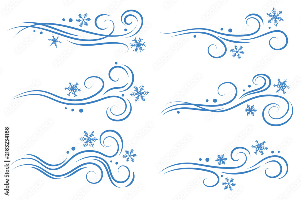 Obraz premium Dynamic wind effect with flowing air streams and abstract winter waves. Cold blue motion design with snowflakes for seasonal illustrations and weather backgrounds. Vector