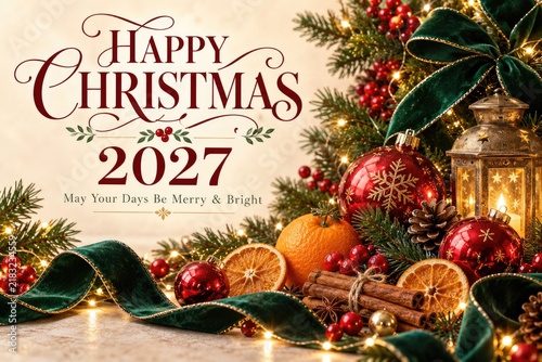 Happy Christmas 2027 Banner with Lantern and Red Baubles