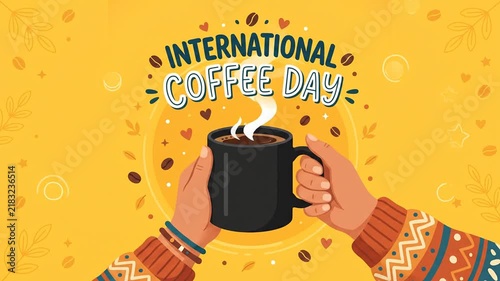 Hands holding a steaming mug on a decorative yellow background