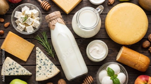 Dairy Products Flatlay with Milk Bottle Cheese Wheels Blue Cheese Feta and Yogurt on Wooden Table