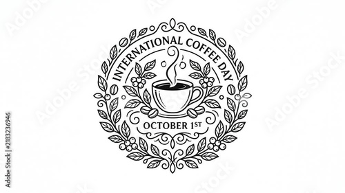 International Coffee Day emblem with steaming cup and laurel wreath vector design