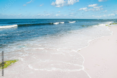 A seaside coastline with dunes and white sand. A panorama of an empty beach in summer.