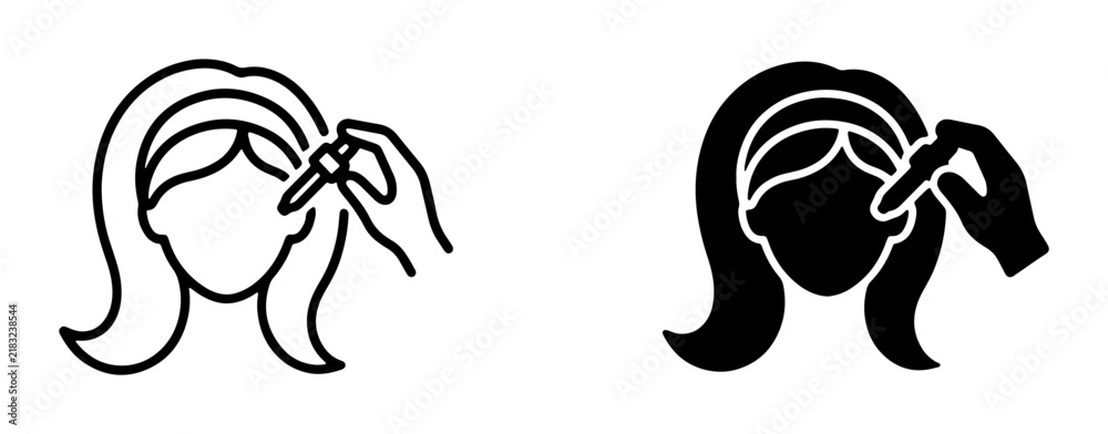 Fototapeta premium Skincare Application Icons: Woman Applying Serum Dropper, Beauty Routine, Cosmetic Treatment, Facial Care, Essential Oil Drip, Health and Wellness
