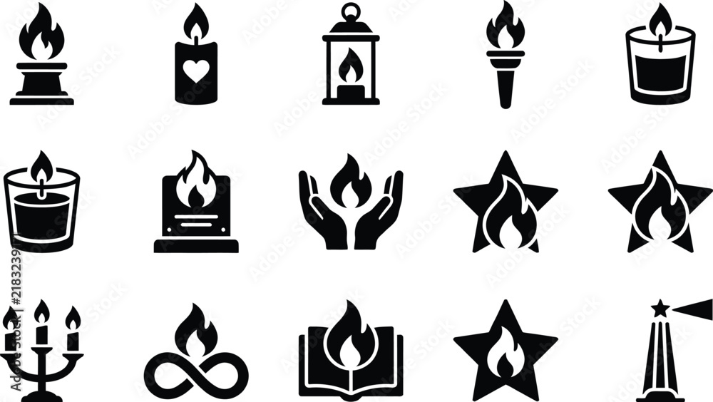 Fototapeta premium Collection of black silhouette icons representing flames candles and light sources