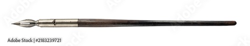 Fototapeta Old dip pen with a wooden handle and metal pointed nib, isolated on a white background. Traditional writing instrument suitable for calligraphy, handwriting, lettering, drawing, historical themes.