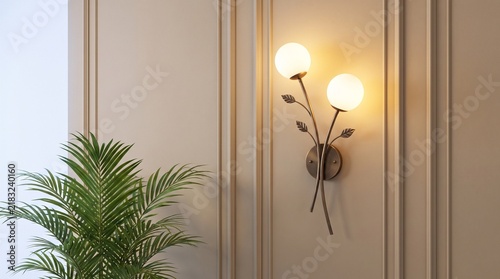 Elegant Floral Branch Sconce Light with Glowing Globes on Classic Wall Molding Interior Background
