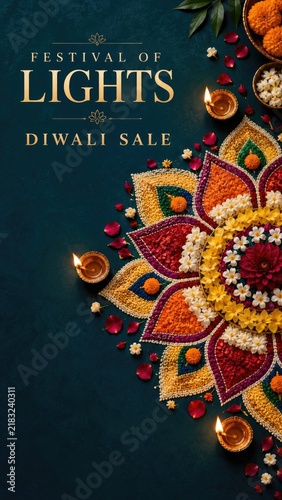Diwali Festival of Lights Sale Poster with Rangoli and Diyas