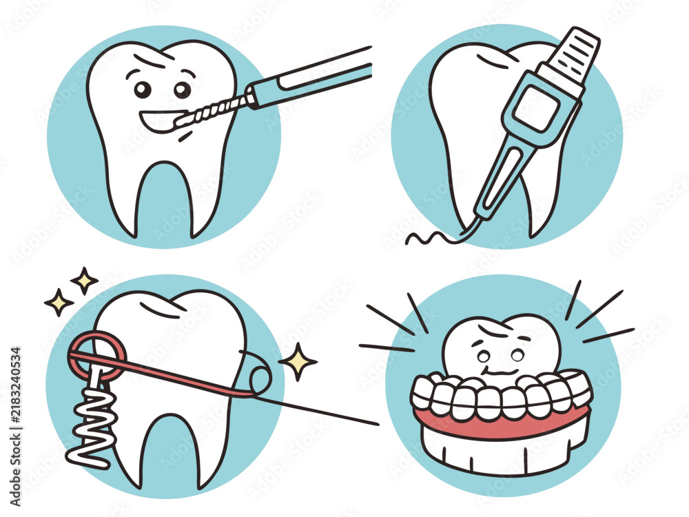 Obraz premium Set of four dental care icons with teeth medical tools oral hygiene