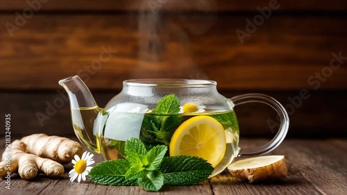 Man taking glass teapot of hot herbal tea with lemon, mint, chamomile and ginger on wooden table. Steaming healthy drink, immunity boosting beverage and natural medicine concept.