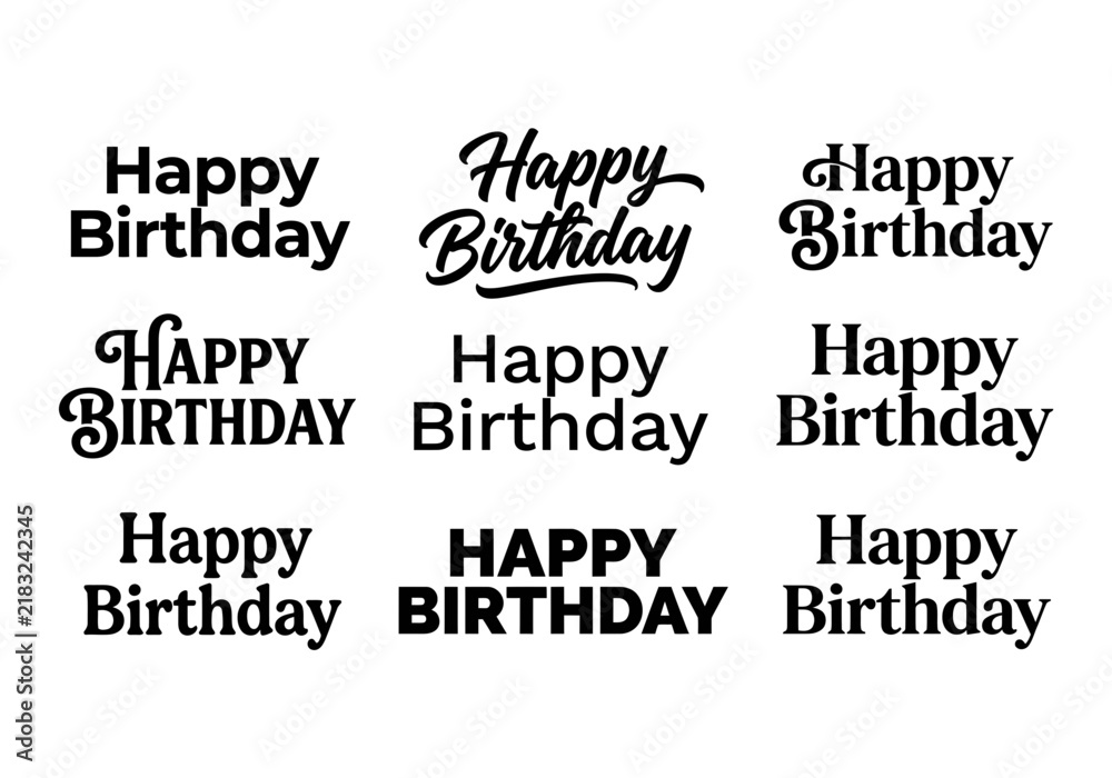 Obraz premium Collection of nine different happy birthday typography designs isolated on a white background for greeting cards
