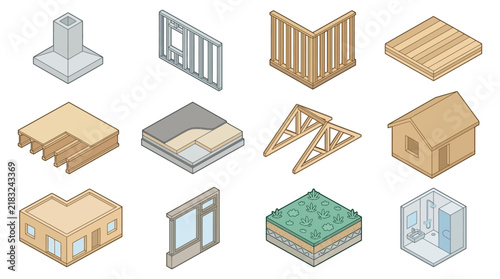 Architectural elements and building components in a detailed vector illustration