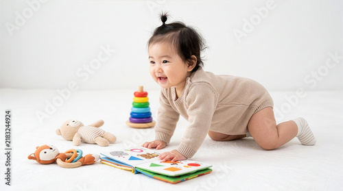 Toddler crawling and playing with colorful book and soft toys