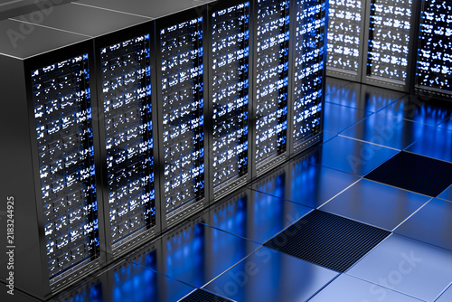Modern 3D server room with illuminated data racks, blue reflections, and high-tech infrastructure. Ideal for cloud computing, cybersecurity, data storage, networking, and digital technology concepts.