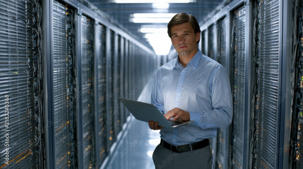 Fototapeta premium Self assured it professional overseeing data center operations while using a laptop in a modern server environment