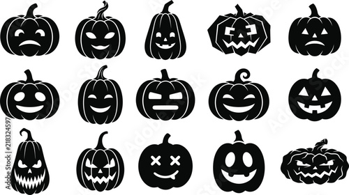 Black silhouette Halloween pumpkin icons set