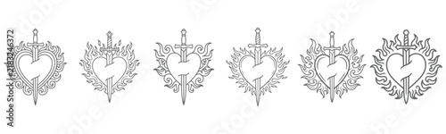 Sacred heart with sword and flame tattoo line art collection for body design eps 10
