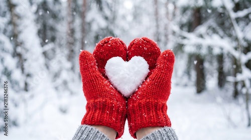 Obraz na płótnie Couple holding snow in heart shape with red mittens