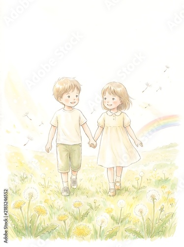 Happy kids in a sunlit grassy field with a rainbow in the sky