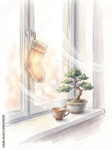 Cozy window corner with a stocking, bonsai and a steaming cup of tea