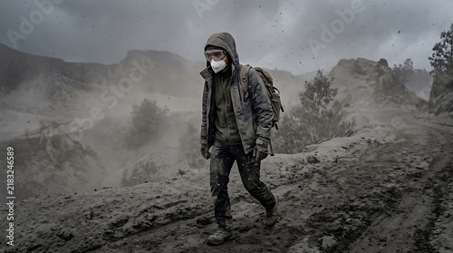 Resilient Hiker Navigating Ash-Covered Volcanic Landscape During Eruption for Disaster Reportage and Environmental Studies