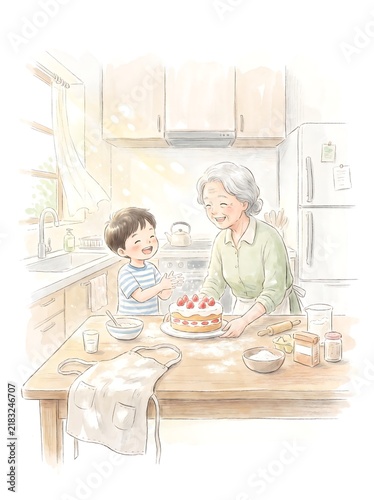 Grandmother and little boy enjoying baking time beside a bright kitchen window