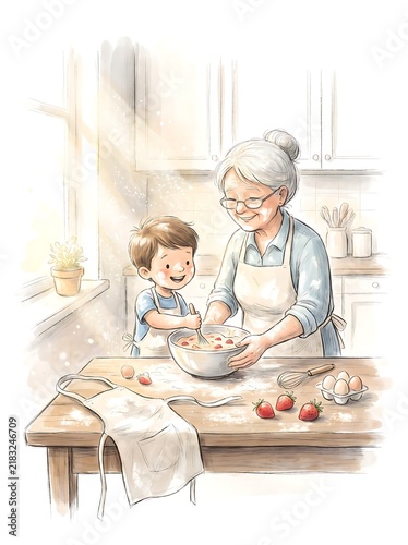 Boy and grandma mixing dough for a berry dessert in a sunny kitchen
