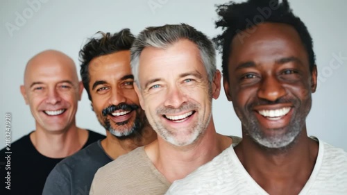 Diverse group of men smiling together, showcasing unity