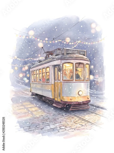 Retro tram with festive lights rolling down a snow-covered street