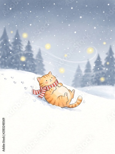 Orange cat with a scarf lying back and catching snowflakes