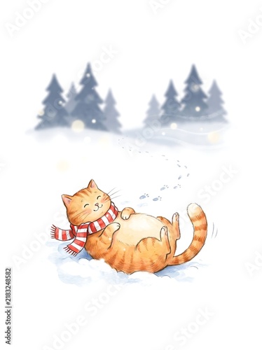 Carefree cat rolling in the snow under the winter moon
