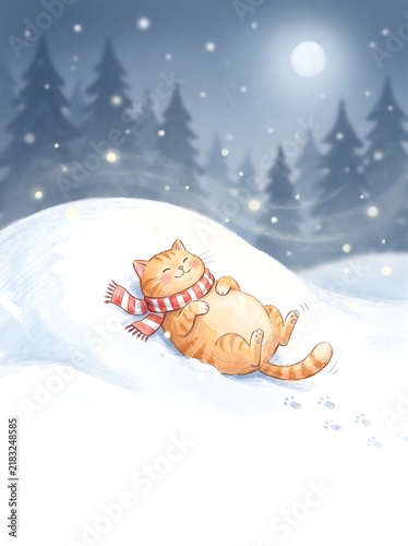 Chubby orange cat in a striped scarf lying happily in the snow