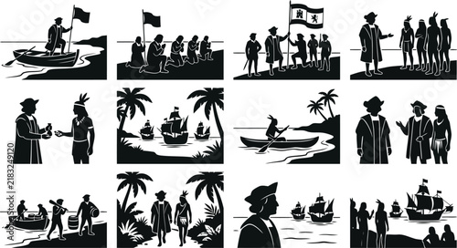 Set of black and white depicting historical scenes of christopher columbus, explorers, ships, and interactions with indigenous people