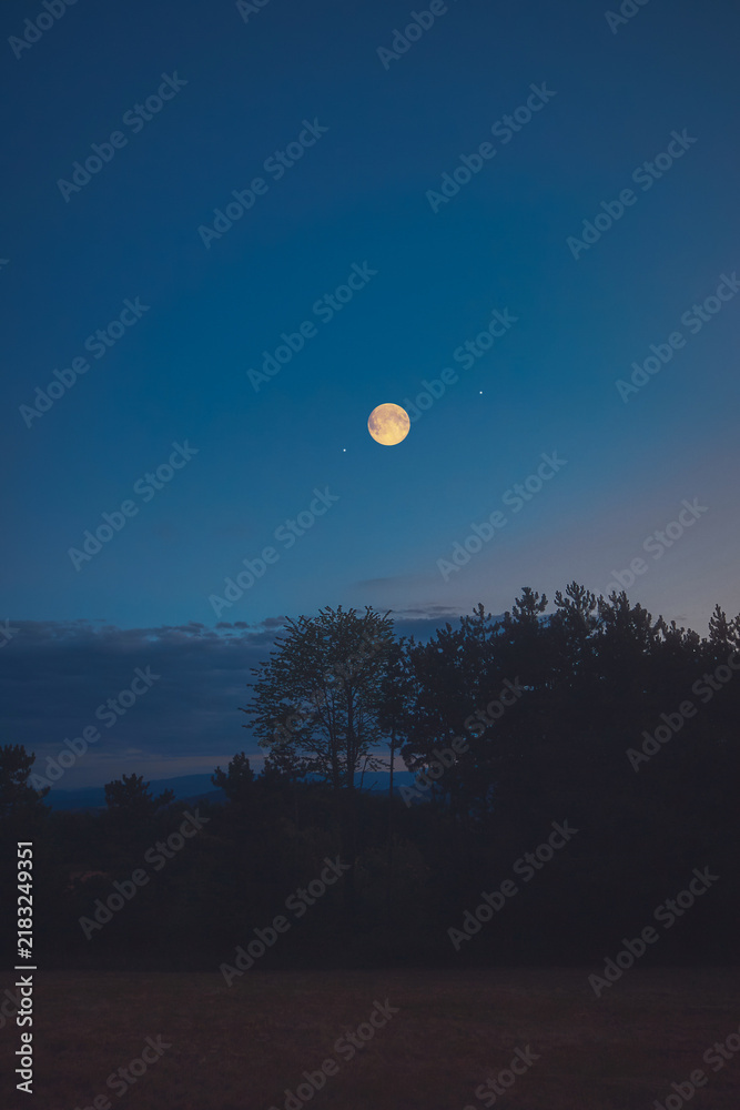 Fototapeta premium Full Moon, stars and planets above landscape silhouettes in blue hour time.