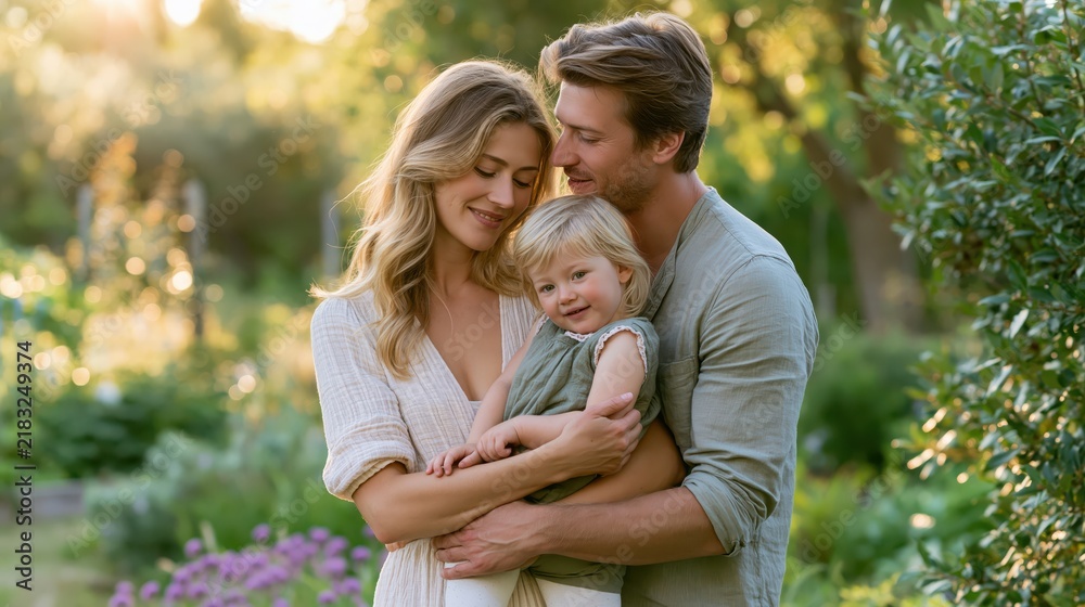 Fototapeta premium Young Caucasian family embracing outdoors during golden hour with soft bokeh background