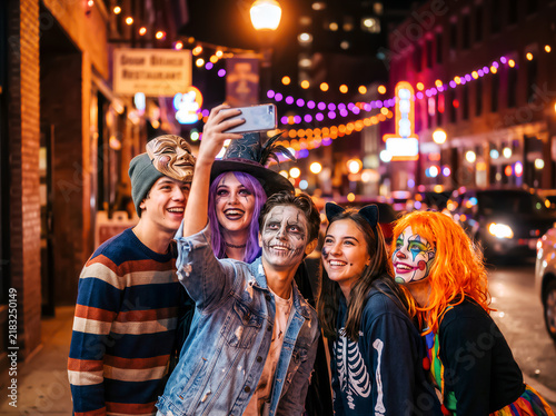 Group of teen friends in colorful Halloween makeup taking selfie together on illuminated city street at night. American carnival for Halloween celebrating concept with copy-space.