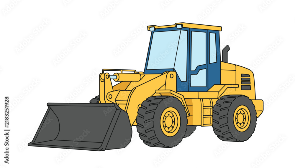 Fototapeta premium Industrial yellow wheel loader construction vehicle with a large dark grey front bucket on a clean white background.