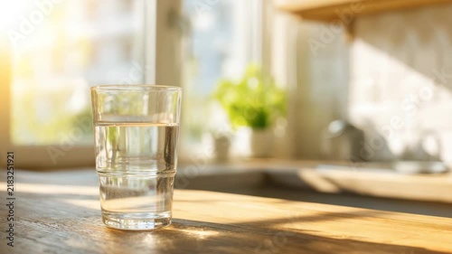 Water glass on kitchen table with morning sunlight
