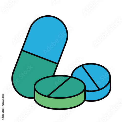Flat vector illustration of medical pills and capsule in blue and green tones isolated on white background.