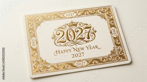 Happy New Year 2027 greeting card concept photo. Luxurious gold foil stamp typography with vintage ornaments on textured white paper. Elegant holiday stationery mockup for seasonal celebrations