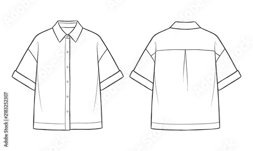 Short, sleeve, women, button, down, shirt, technical, drawing, fashion, flat, sketch, front, back, view, blank, clothing, mockup, outline, apparel, template