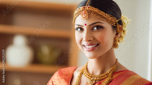Beautiful Indian bride smiling wearing traditional gold jewelry