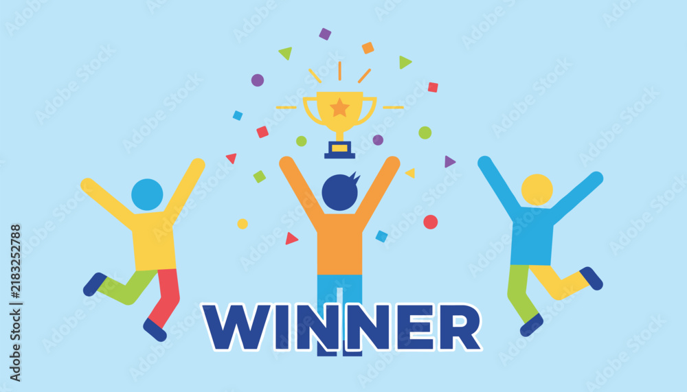 Fototapeta premium Joyful team of stylized stick figures celebrating a victory with a golden trophy and colorful confetti on a blue background.