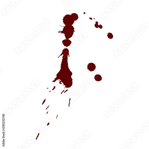 Dark red blood splatter isolated on white background for horror and crime design elements.