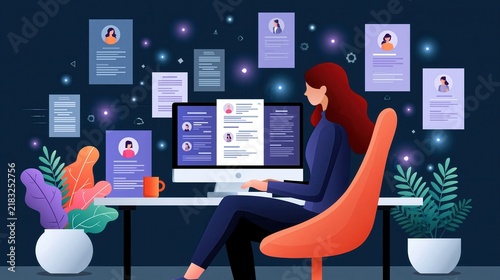 Woman reviewing job applications on computer screen with profiles displayed in the background during a digital recruitment process