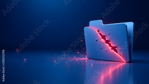 Broken file folder icon with glowing red fracture and digital sparks, symbolizing corrupted data error, software vulnerability and security breach