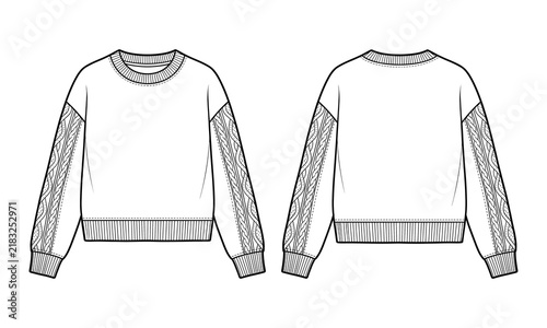 Blank sweatshirt technical fashion flat sketch, crewneck cable knit sleeve pullover template, front and back view, apparel production mock up, line art
